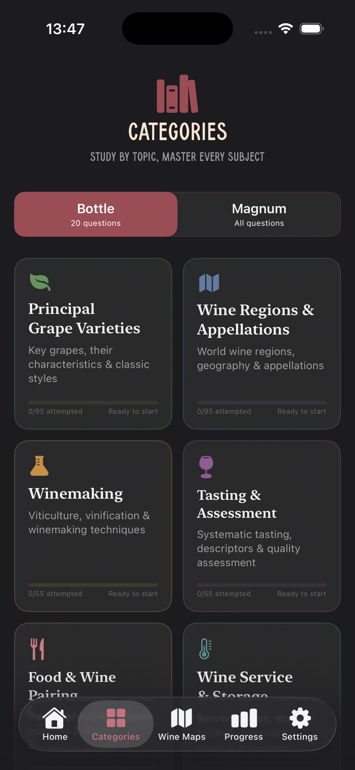 Eight quiz categories including Grape Varieties, Wine Regions and Winemaking